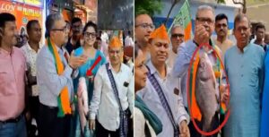 Fishing for Votes! BJP Candidate Spotted with a Giant ‘Katla’ Fish During Campaign in Salt Lake